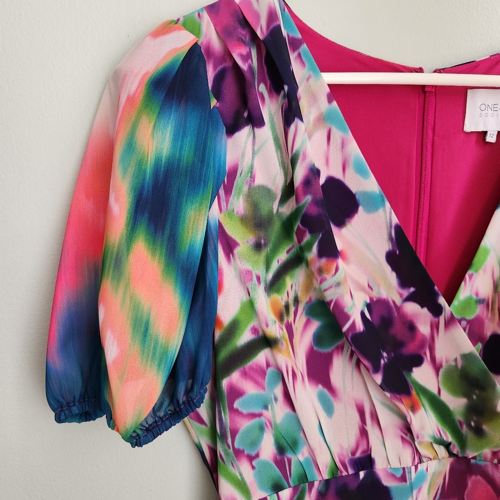 One33 Social Ruched Floral Print Crepe de Chine Dress Size 12 - Picture 6 of 12